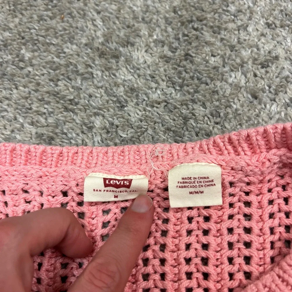 Levi's Sweater Vest Medium Pink Open Knit Crochet Cotton Sleeveless Baby Blue - Picture 2 of 8